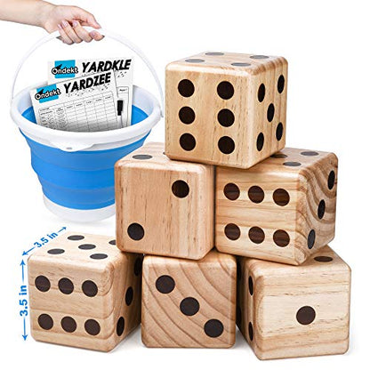 Giant Wooden Yard Dice – Splinter-Free and Crack-Proof Wood – Jumbo Size with Collapsible Bucket - 2 Dry Erase Score Cards - Indoor/Outdoor - Play Many Games – Fun and Engaging Game Time – Ideal Gift
