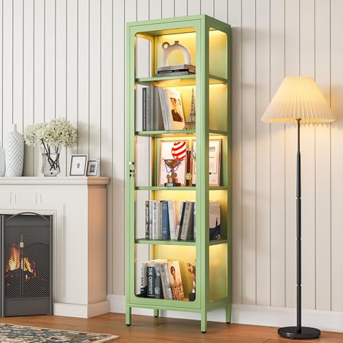 69" Glass Display Cabinet with Lock & 13-Color LED Lights, 5-Tier Locking Metal Cabinet with Adjustable Shelves, Secure Showcase for Collectibles, Action Figures, Trophies (Green) - color: Green | 3-sided Display, size: 19.7"W (50cm)