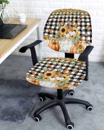 Savannan Office Chair Cover, Fall Harvest Pumpkin on Buffalo Protective Stretch Elastic Universal Cover for Desk Task Chair,Computer Rotating Chair 1 Pcs Yellow Sunflower on Black White