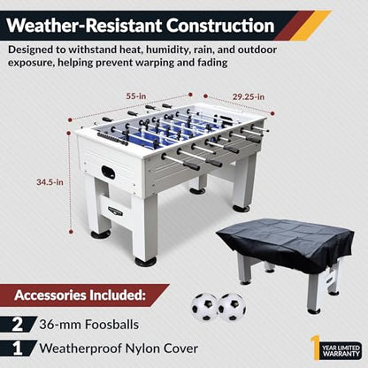 Hathaway Highlander 55-in Outdoor Foosball Table Adult Size - White Soccer Table Game Set with Waterproof Surface, Anti-Rust Rods, Ergonomic Handles, Nylon Cover, 2 Scorers, and 2 ABS Foosball Balls