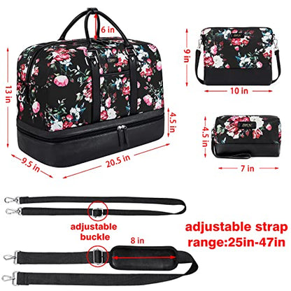 Weekender Bag for Women, Large Overnight Bag Canvas Travel Duffel Bag Carry On Tote with Shoe Compartment 21" 3Pcs Set - color: A15-black+black rose