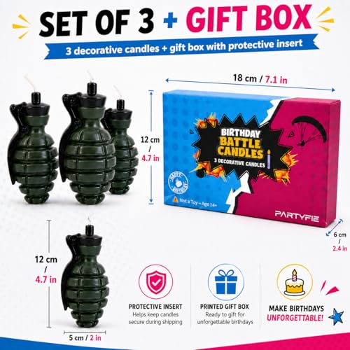 3D Grenade Birthday Candles Set of 3 with Gift Box – Gaming Cake Topper for Battle, Level Up, Army & Video Game Themed Birthday Party Decorations for Boys, Teens & Gamers