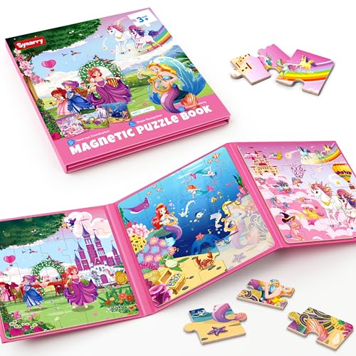 SYNARRY Unicorn Mermaid Princess Magnetic Puzzles for Toddlers 3-5 Girls, 20 Pieces Travel Puzzles for Kids Ages 4-6, Car Airplane Road Trip Activities Toys for 3 4 5 6 Year Old Girls Birthday Gifts - style: Princess Mermaid Unicorn