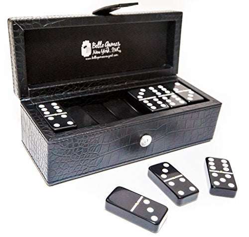 Bello Games New York, Inc. Flushing Meadows Double Six Black Professional Jumbo Size Tournament Dominoes Set with Spinners in a Black Leatherette Case