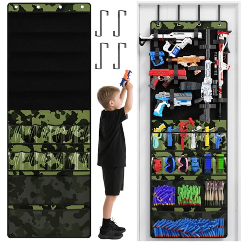 Over the Door Organizer for Toy Guns, Toy Gun Storage Organizer with Pockets and Slots for Kids Foam Blasters, Darts, Goggles, Over Door Toy Storage Hanger for Kids Rooms, Game Rooms, Green - color: Green