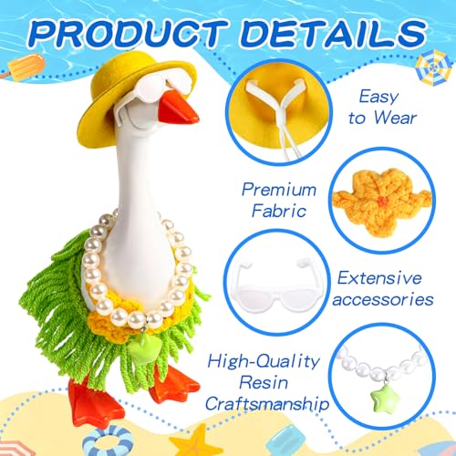 Desk Goose Key Holder 7 Inch Mini Figurine with 6 Set Summer Hawaiian Outfits,Summer Holiday Desktop Magnetic Small Proch Goose Resin Statue Set for Home Office Bedroom Office Table Decor - style: 6 Sets-Summer Desk Goose Outfits