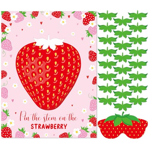 Faccito Strawberry Game Set Pin The Stem On The Strawberry Include Large Poster Blindfold 24 Stickers Berry First Birthday Party Games for Sweet Berry Birthday Party Decorations Activities Supplies - style: Strawberry