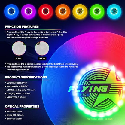 Glow in the Dark LED Flying Disc - 7 Dynamic Modes, 7 Colors, IP65 Waterproof, Perfect Birthday & Camping Gift for Men/Boys/Teens/Kids - Outdoor Games & Cool Toys, 175g