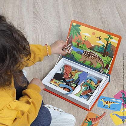 Janod - Magnetibook 51 pc Magnetic Dinosaur Mix and Match Game - Ages 3+ - Playing Dress-Up with Magnets - Enhances Fine Motor Skills - Includes Book Shaped Travel/Storage Case