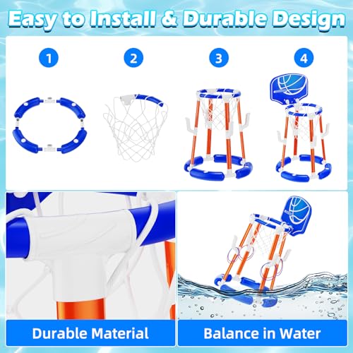 Pool Basketball Hoop with Backboard, Floating Pool Toys for 3-12 Years Old Kids Ring Game with 4 Balls 8 Rings & Pump Outdoor Swimming Pool Basketball Games Water Play Toy Family Party for Kids Adults - style: Blue with Backboard