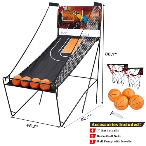 Foldable Dual Shot Basketball Arcade Game for Game Room | Folding 2 Player Indoor Basketball Shooting Game with 4 Balls, Dual Hoops, Inflation Pump, Electronic Scoreboard, 8 Game Modes