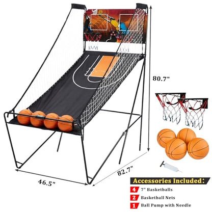Foldable Dual Shot Basketball Arcade Game for Game Room | Folding 2 Player Indoor Basketball Shooting Game with 4 Balls, Dual Hoops, Inflation Pump, Electronic Scoreboard, 8 Game Modes