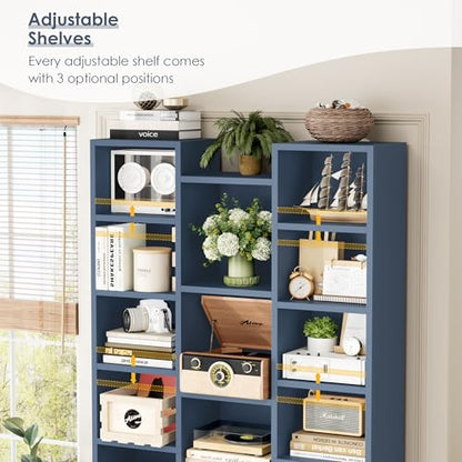 FOTOSOK 71'' Tall Bookshelf with 21 Cubes, 8 Tier Triple Wide Bookshelf with 8 Adjustable Shelves, 35" Large Bookcase DVD/CD Media Tower Storage, Freestanding Display Shelf Cabinet, Blue - color: Blue