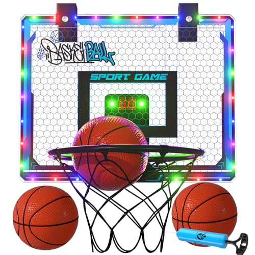 mini Basketball Hoop Basketball Board Transparent boardWith LED Light, Scoring Function, net and 7in Basketball. It can be Hanged on Door.Suitable for Playing in Indoors. Christmas & Birthday Gift