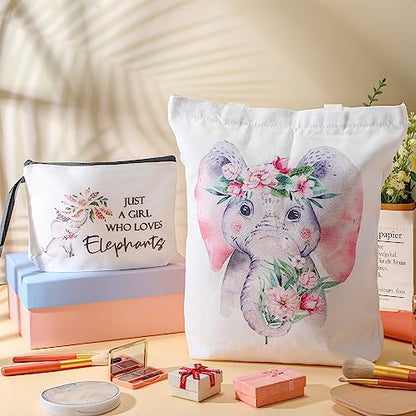 Sieral 2 Pcs Animal Lover Bag Gift for Women Travel Canvas Tote Portable Zipper Pouch Canvas Reusable Grocery Tote - style: Elephant