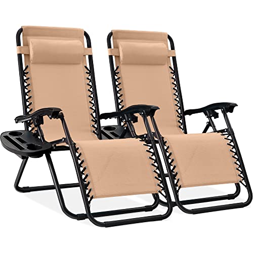 Best Choice Products Set of 2 Adjustable Steel Mesh Zero Gravity Lounge Chair Recliners w/Pillows and Cup Holder Trays - Beige - color: Beige, size: Standard