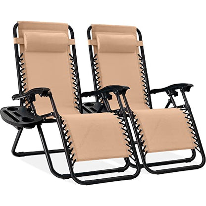 Best Choice Products Set of 2 Adjustable Steel Mesh Zero Gravity Lounge Chair Recliners w/Pillows and Cup Holder Trays - Beige - color: Beige, size: Standard