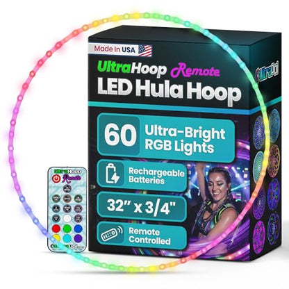 UltraHoop Remote LED Hoop - Wireless Control 60 Color Changing LED Lights w/ 300+ Modes & Patterns - Rechargeable Battery, HDPE Collapsible, Advanced to Beginner Hula Hoops - 32” x 3/4" OD - UltraPoi - size: 32" x 3/4" OD (Intermediate)
