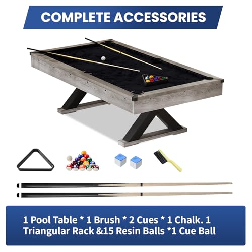 84" Pool Table with Rustic Grey Finish, X-Shaped Legs, Black Cloth, Billiard Balls, Cues, & Accessories–Billiard Table for Adults, Game Room & Home Entertainment (Grey)