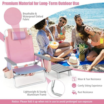 Tangkula Backpack Beach Chair with Table, 5-Position Lay Flat Chairs with Cooler Bag, 2 Cup Holders, Towel Bar, Lightweight Low Folding Chair with Backpack Straps, Pink - color: Pink, style: 2 Pack with Table