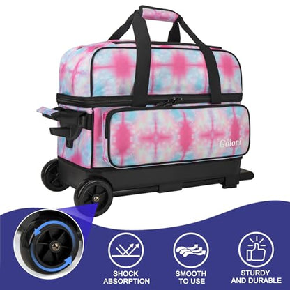 Goloni Double Roller 2 Ball Bowling Bag with Separate Shoe Compartment,2 Ball Bowling Bag with Wheels,Retractable Handle Extends to 40" - color: Dyeing