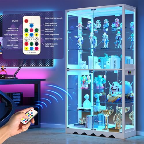 Large Display Cabinet with Glass Doors, 8-Tier RGB Curio Cabinet with Smart Human Induction & Remote Control, 73" Tall Stable Glass Display Case for Collectibles, Figures, Lockable Storage, White