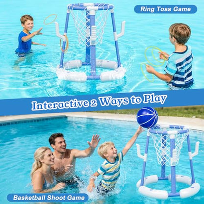Pool Basketball Hoop&Ring Toss Game 2-in-1 Floating Pool Toy with 4 Balls 8 Rings&Pump,Outdoor Swimming Basketball Party Games Water Play Toy Anti-Tip Stable Base Summer Gift for Kid 4-8 8-12& Adult - size: without backboard
