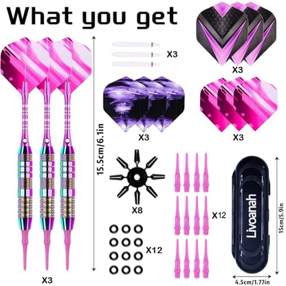 Soft Tip Darts Set - Darts Plastic Tip Sets, 3Pack Professional Plastic Tips Dart with Extra 12 Soft Tips and 6 Replace Dart Leaf for Beginners & Pro Players - color: Purple