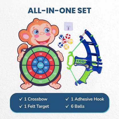 Crossbow & Ball Target Game - Fun Kids Dart Board for Indoor Play Includes 6 Hook & Loop Sticky Balls and Monkey Target for Boys and Girls 6-12 - Sticky Ball Dartboard - Dart Game