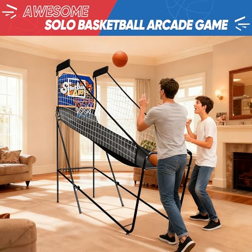 F2C Foldable Electronic Arcade Basketball Game with Electronic Scorer & Buzzer - Ideal Indoor Single Shot Basketball Fun for Adults and Kids, Comes with 3 Basketballs & Pump