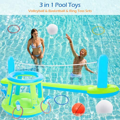 Jasonwell Pool Toys Games Set - 3 in 1 Pool Volleyball Net Basketball Hoop Ring Toss Game Inflatable Floats Water Floating Volleyball Swimming Pools Games Party Gift for Kids Adults (Green&Blue, L) - color: Green&blue, size: Large