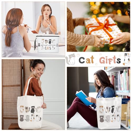 Sieral 2 Pcs Animal Lover Bag Gift for Women Travel Canvas Tote Portable Zipper Pouch Canvas Reusable Grocery Tote - style: Cat
