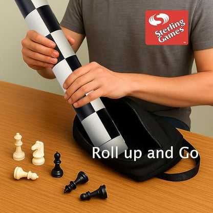 Sterling Games Extra Large 20" x 20" Roll Up Chess Mat and Pieces Set, Standard Tournament Chess Set with Black Vinyl Portable Travel Mat and Single Weight Chess Pieces - style: Black