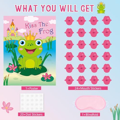 WERNNSAI Valentines Party Game - Pin The Kiss On The Frog Valentines Day Party Games Valentine Frog Pin Game for Classroom Family School Activities 21'' x 28" Poster with 24 PCS Stickers - style: Frog