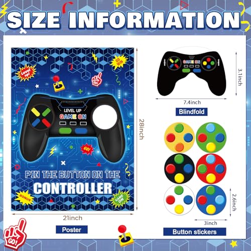 Faccito Pin The Button on The Video Game Birthday Games Set Video Game Poster with 24 Button Stickers 2 Games Controller Blindfolds for Birthday Party Wall Home Room Decorations Activities Supplies - style: Video