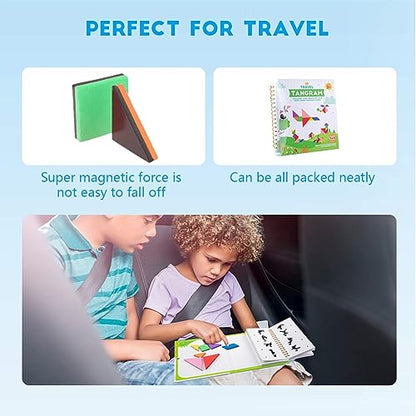 Vanmor Travel Tangram Puzzle with 2 Sets Magnetic Plate-Montessori Shape Pattern Blocks Jigsaw Road Trip Games with 368 Solution - IQ Book Educational Toy Brain Teaser Gift for Kids Adults Challenge - style: 368 Solution