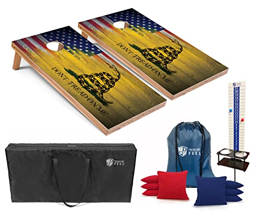 Tailgating Pros Cornhole Boards - 4'x2' Regulation Boards w/Carrying Case, Score Keeper, & Set of 8 Corn Filled Bags w/Tote - size: 4'x2' Boards, style: US/Gadsden Flag