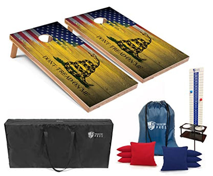 Tailgating Pros Cornhole Boards - 4'x2' Regulation Boards w/Carrying Case, Score Keeper, & Set of 8 Corn Filled Bags w/Tote - size: 4'x2' Boards w/ LED Ring Lights, style: US/Gadsden Flag