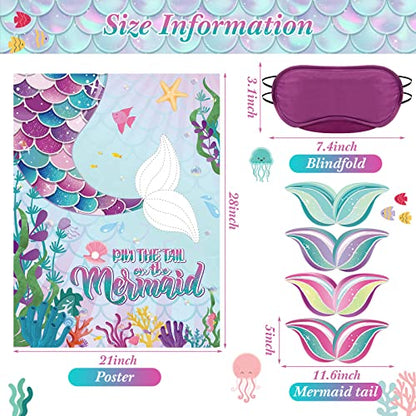 Faccito Stick Tail on The Mermaid Party Game Mermaid Games Set Include 21 x 28 Inch Large Poster 24 Pcs Reusable Tail Stickers Blindfold Ocean Sea Theme Party Supplies Birthday Favors - style: Mermaid