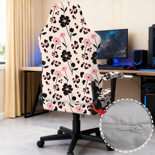 Flower Leopard Print Game Chair Cover with Armrest Covers Soft Comfy Breathable Computer & Gaming Chair Slipcover for Swivel Rotating Chairs, 4Pc/Set, Pink - color: Pink - Flower Leopard