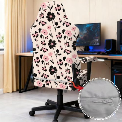 Flower Leopard Print Game Chair Cover with Armrest Covers Soft Comfy Breathable Computer & Gaming Chair Slipcover for Swivel Rotating Chairs, 4Pc/Set, Pink - color: Pink - Flower Leopard