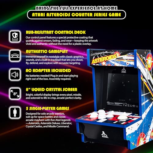 Arcade Classics - Atari Asteroids Counter Series Game Machine, 5 Games, 8" Liquid Crystal Screen - Mini Cabinet, Portable Gaming, Retro, Countertop Console, Basement Decoration, Man Cave - style: Asteroids Counter Series