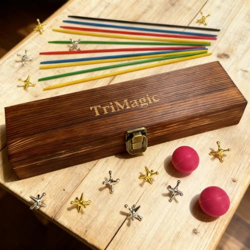 TriMagic Metal Jacks Game and Pick Up Sticks Set in Wooden Gift Box, 2-in-1 Classic Retro Vintage Games Nostalgic Old School Toy for Family, 12 Jacks, 2 Rubber Balls, 41 Colored Sticks - style: 12 Jacks+2 Balls+41 Pickup Sticks+Wooden Box