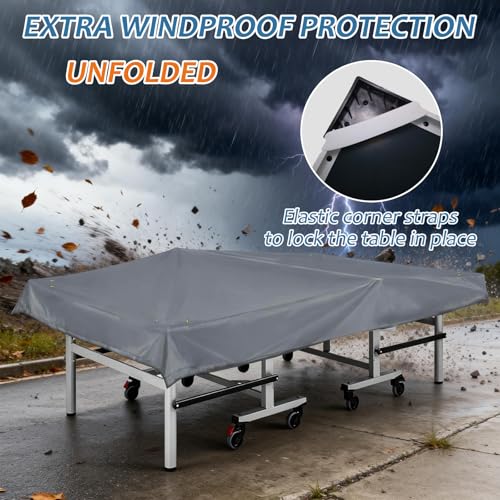 Outdoor Ping Pong Table Cover for 9x5 ft Table, Heavy Duty 600D Waterproof Polyester, UV Fade Resistant, Windproof Buckle Straps, Fits Folding & Flat Tables, Storage Bag, Dark Gray - color: Gray