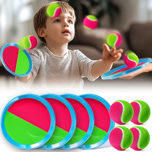 Toss and Catch Ball Game Set, Beach Outdoor Toys for Kids Boys with Paddle, Balls and Storage Bag, Yard Backyard Outside Indoor Toys Games Gifts for Kids Boys Girls Ages 3 4 5 6 7 8 9 10 - style: 4 Paddles & 4 Balls