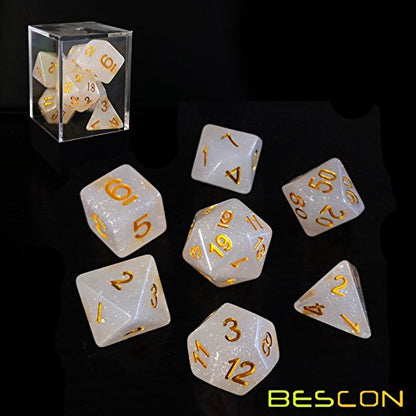 Bescon Intensive Glitter DND Dice 7pcs Set Veil Mist, New Glitter Polyhedral Die Set d4 d6 d8 d10 d12 d20 d%, Brick Box Package - color: Veil Mist Set