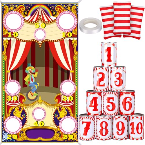 14 Pcs Carnival Bean Bag Toss Games with 10 Carnival Can 3 Bean Bag and 1 Banner for Family Party Birthday Easter Outdoor Activities