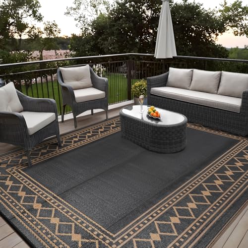 GarveeHome Waterproof Plastic Straw Outdoor Rug 9x18 Patio Reversible UV Resistant Foldable Camping Carpet Modern Border Large Outdoor Rugs for Deck, Picnic, Porch, Camper, Balcony, Beach, Black/Tan - color: Black & Tan, size: 9' x 18' (Rectangular)