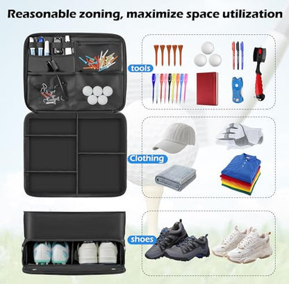 Golf Trunk Organizer Waterproof Car Golf Storage with Ventilated Compartment for 2 Pairs of Shoes, Ideal for Golf Balls Tees Caps Clothes Gloves and Accessories Golf Gift for Men and Women