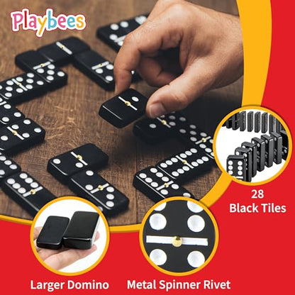 Playbees Jumbo Double Six Dominoes Set - 28 Black Classic Tiles in Faux Leather Case - Fun Educational Toy for Kids, Boys, Girls, Classroom Kit, Classic Game Night Party Favors Set, Travel-Friendly - size: Black, style: Classic